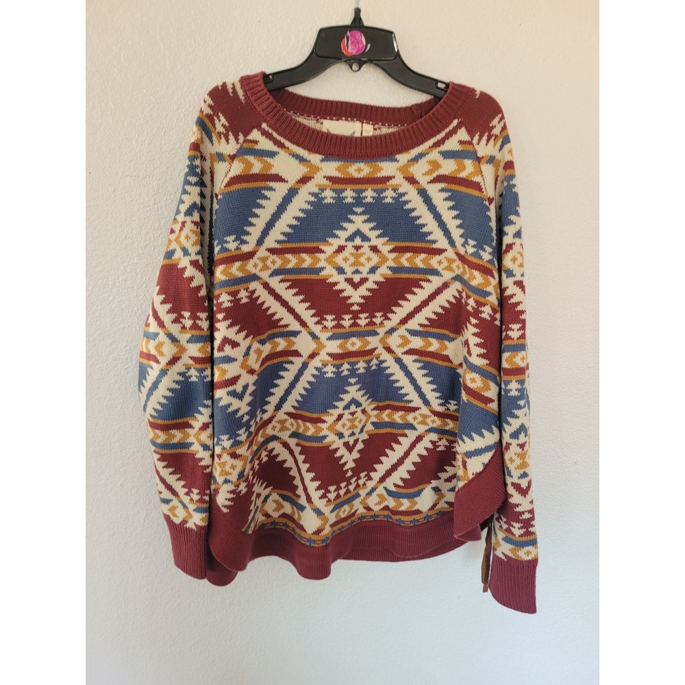 Cotton & Rye Outfitters Southwestern Aztec Knit Sweater Burgundy Fringe L #25